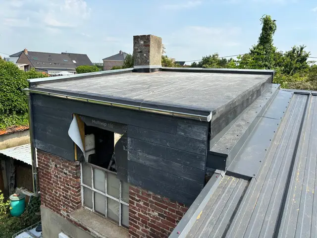 Toit plat en membrane EPDM et gouttière zinc sur une dépendance en briques, métropole lilloise